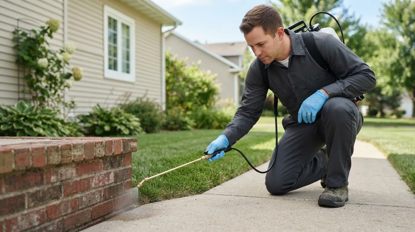 Pest control technician treating a home near Aspermont, TX